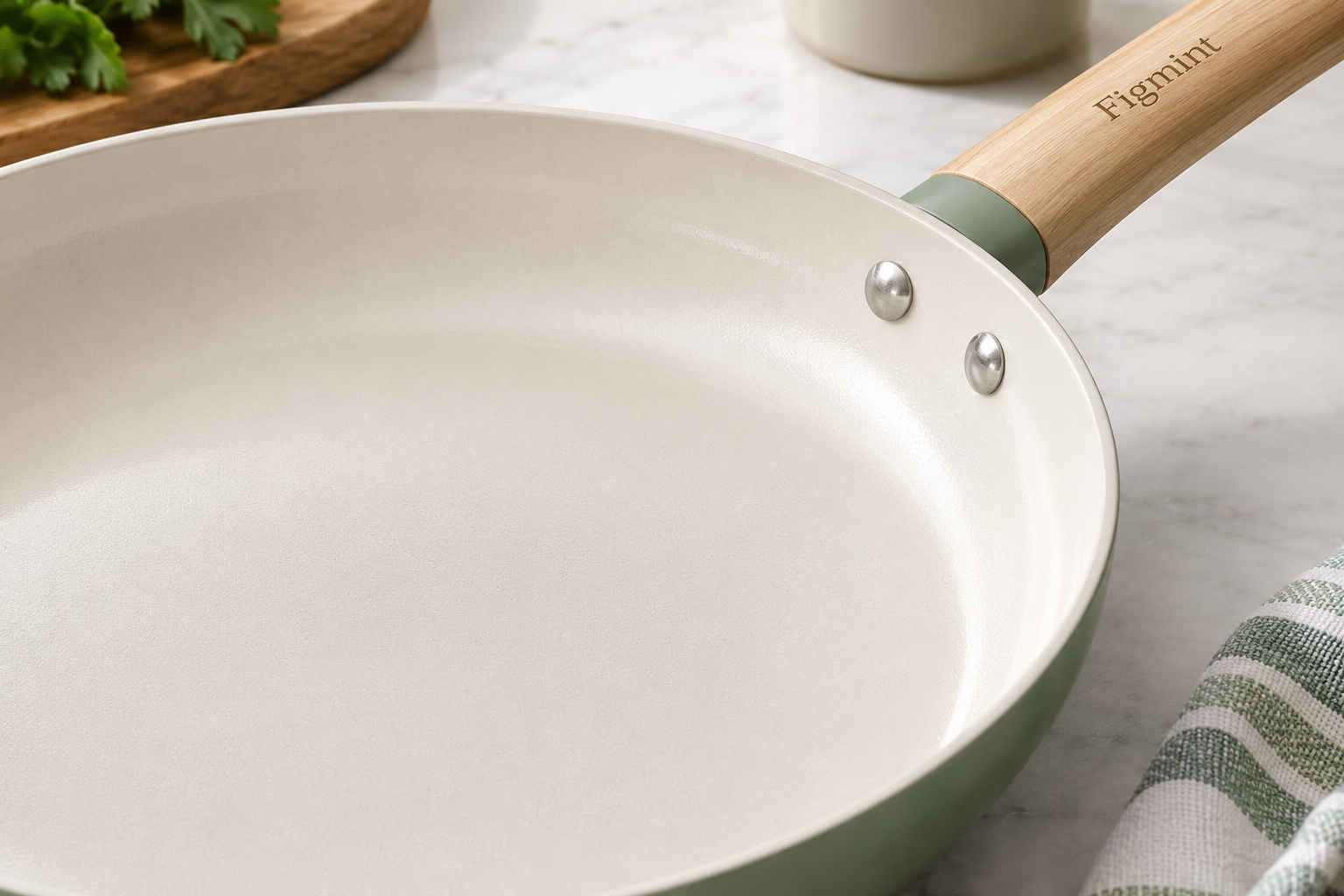 Close-up of the ceramic nonstick cooking surface on a Figmint fry pan