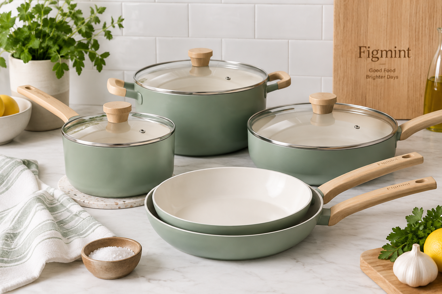 Figmint ceramic-coated nonstick cookware set arranged on a kitchen counter