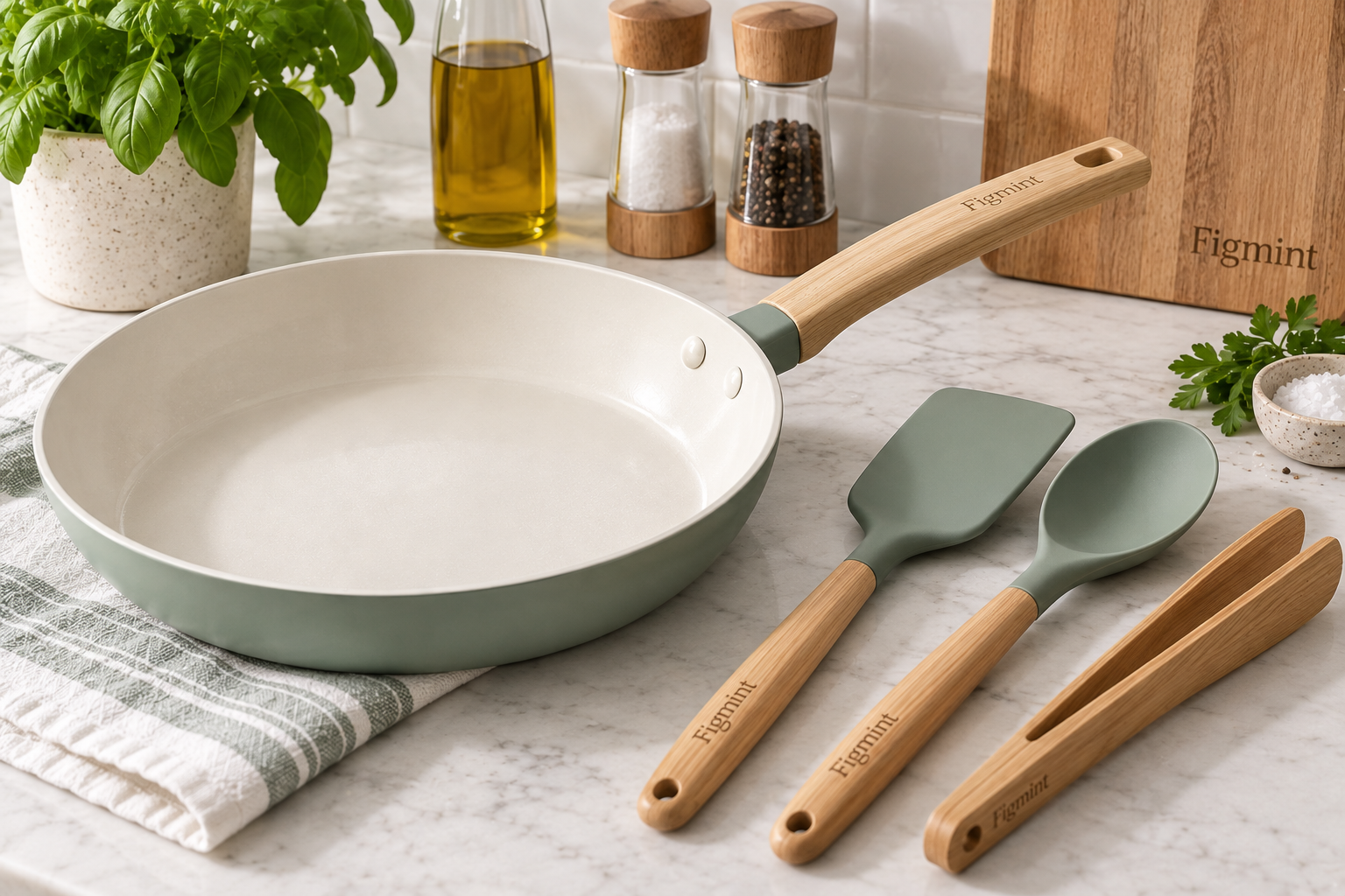 Silicone and wooden cooking utensils resting beside a ceramic-coated nonstick pan